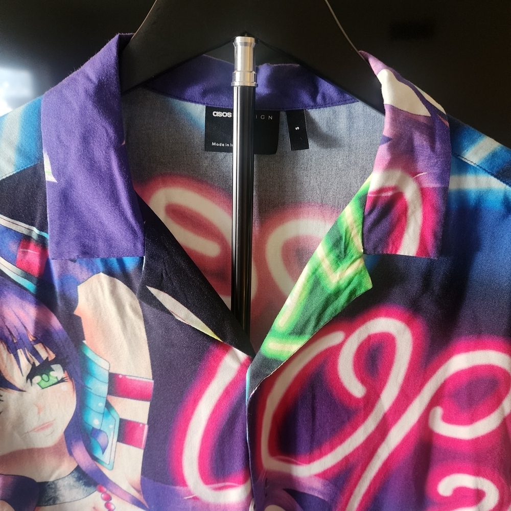 ASOS Y2k Anime Graphic Button-Up Shirt | Neon Manga Print | Bold Streetwear Top - Picture 4 of 8